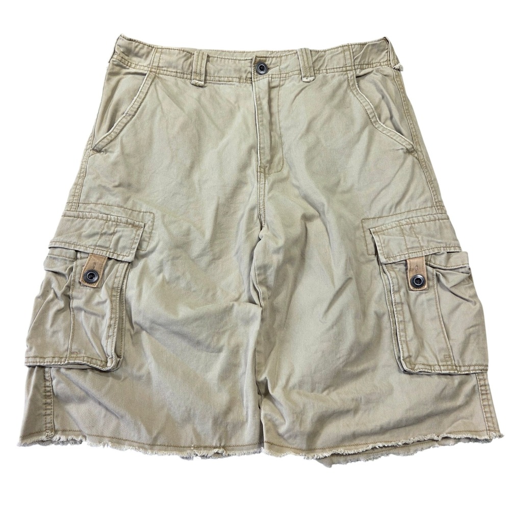 Y2k No Boundaries Mens Khaki Cargo Shorts Raw Hem Size 34 Baggy‎ Skater Grunge